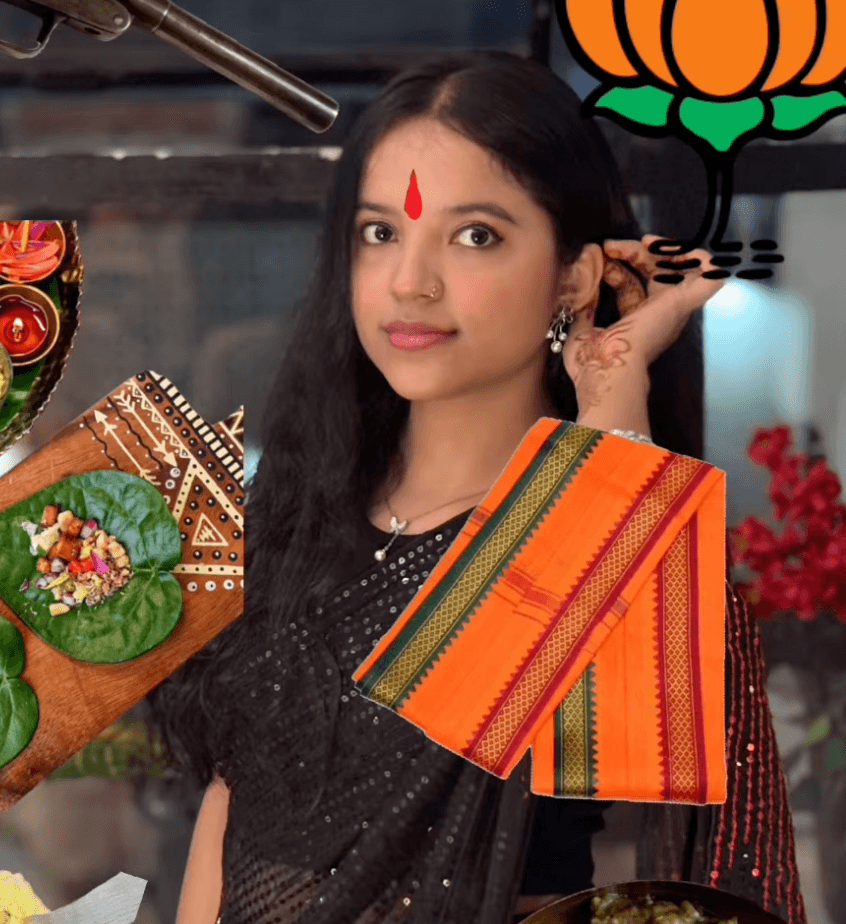 Shivangi in a black sari with orange-green border, UP college vibe